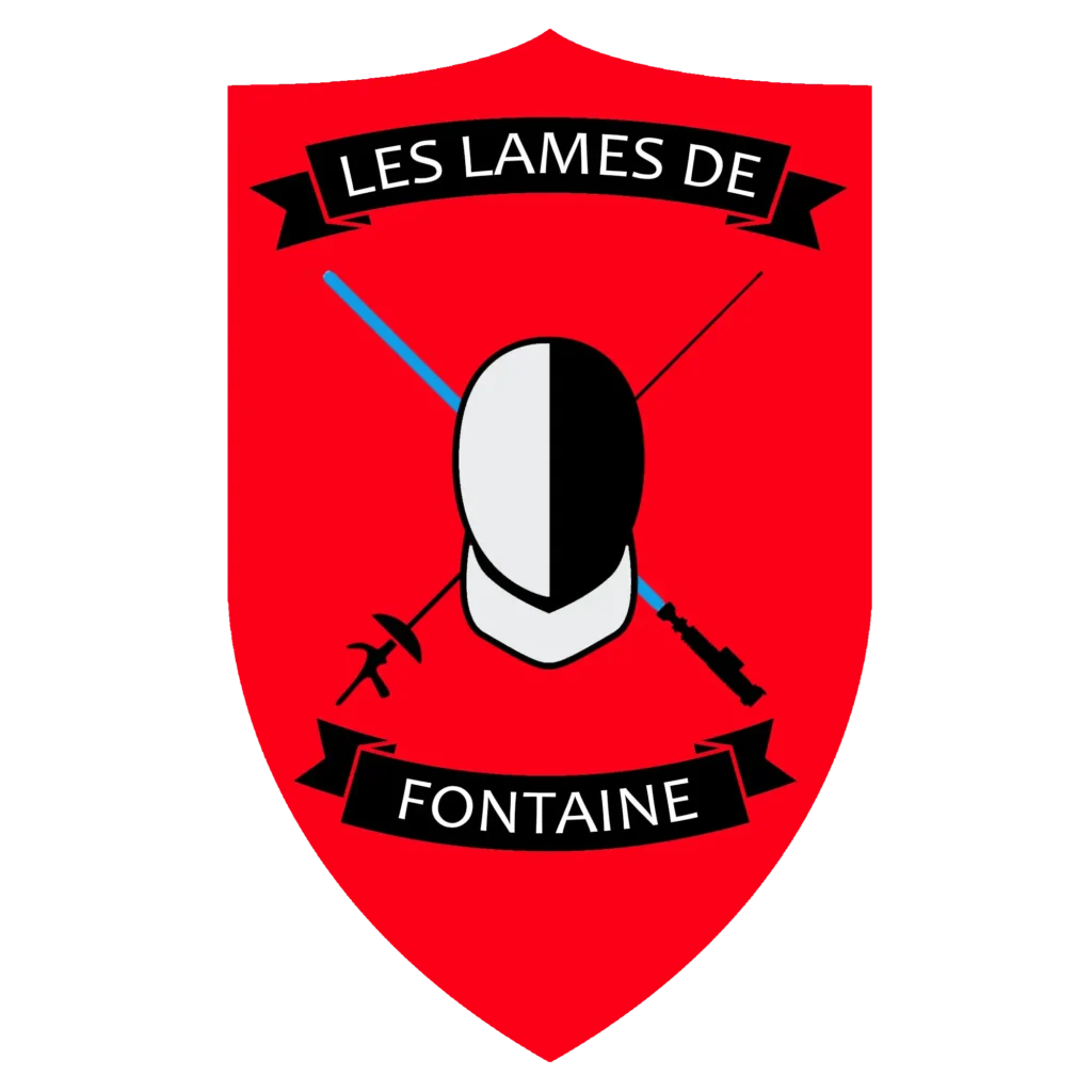 Logo associaiton club d'ecrime Les Lames de Fontaine. Blason Rouge avec casque et sabre et sabre laser