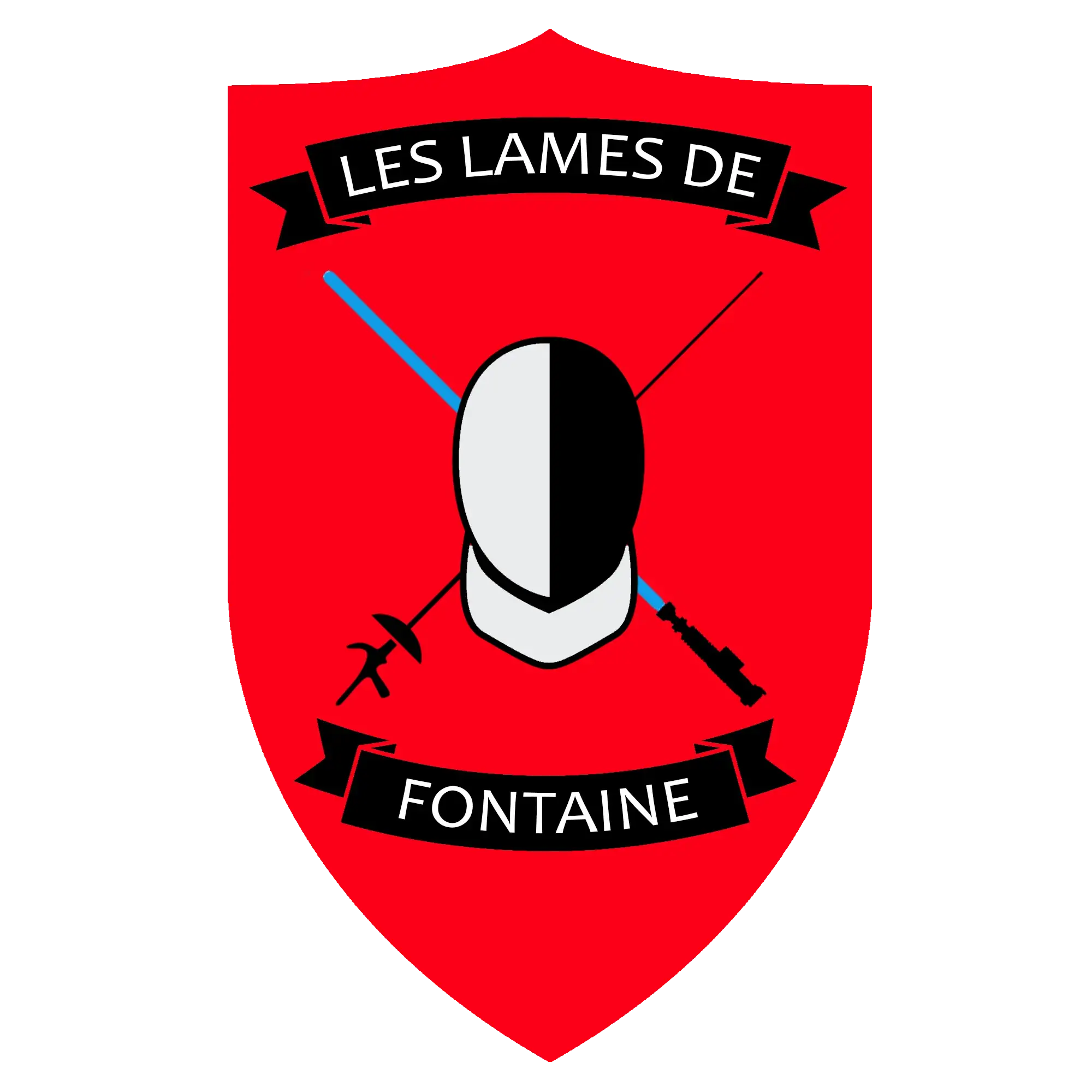 Logo associaiton club d'ecrime Les Lames de Fontaine. Blason Rouge avec casque et sabre et sabre laser